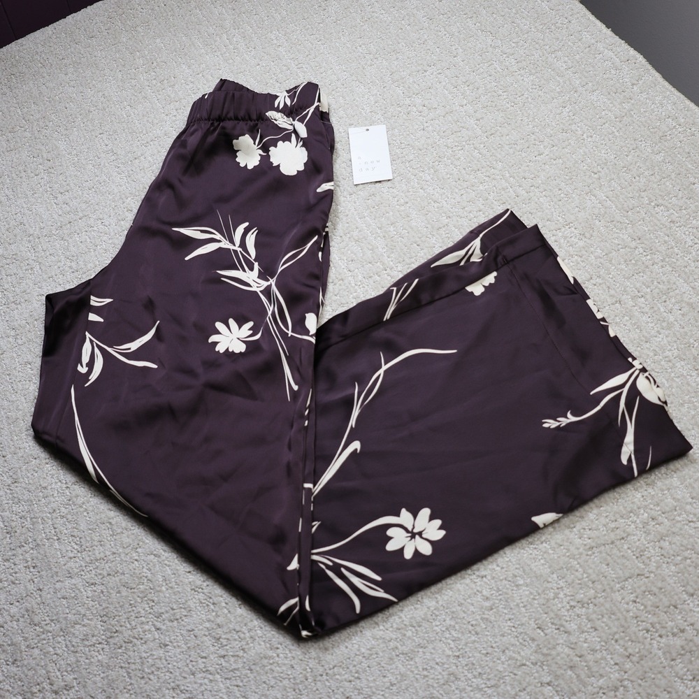 A New Day Brown Floral Satin Wide Leg Pants Small NWT